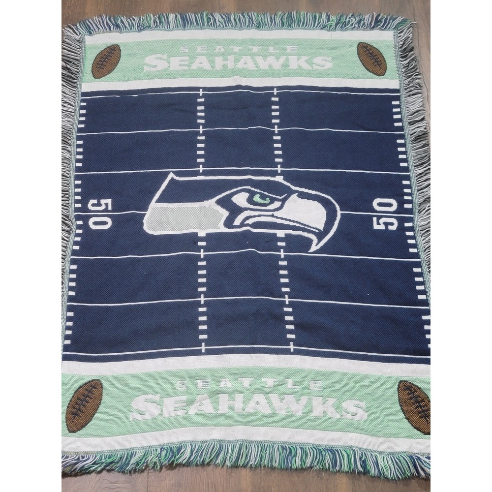 Seattle Seahawks NFL Woven Tapestry Throw Blanket Football Field Logo 46x36 Navy